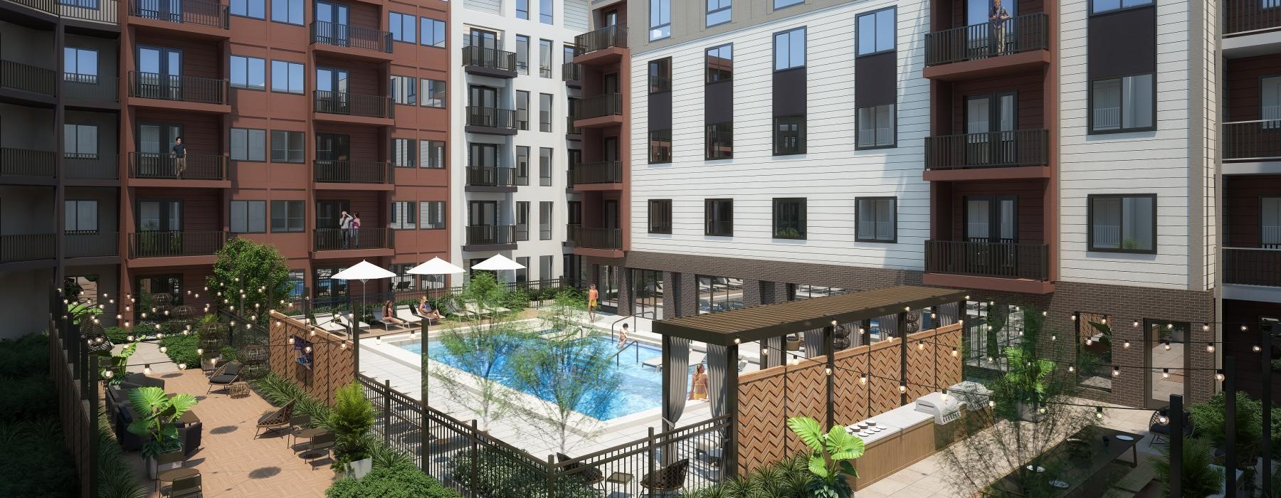 a pool in a courtyard between buildings