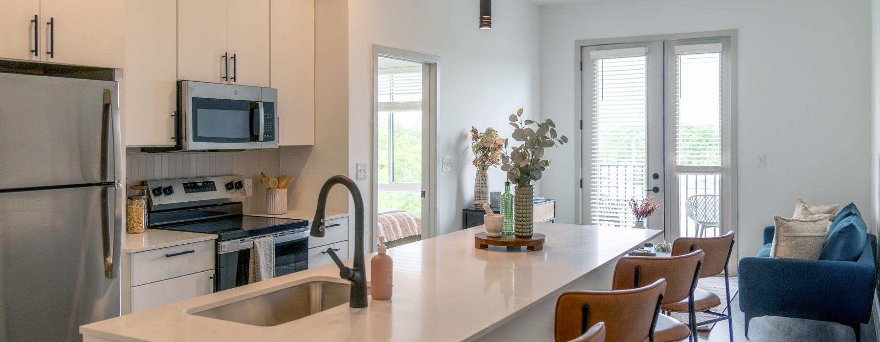 a kitchen with a dining table