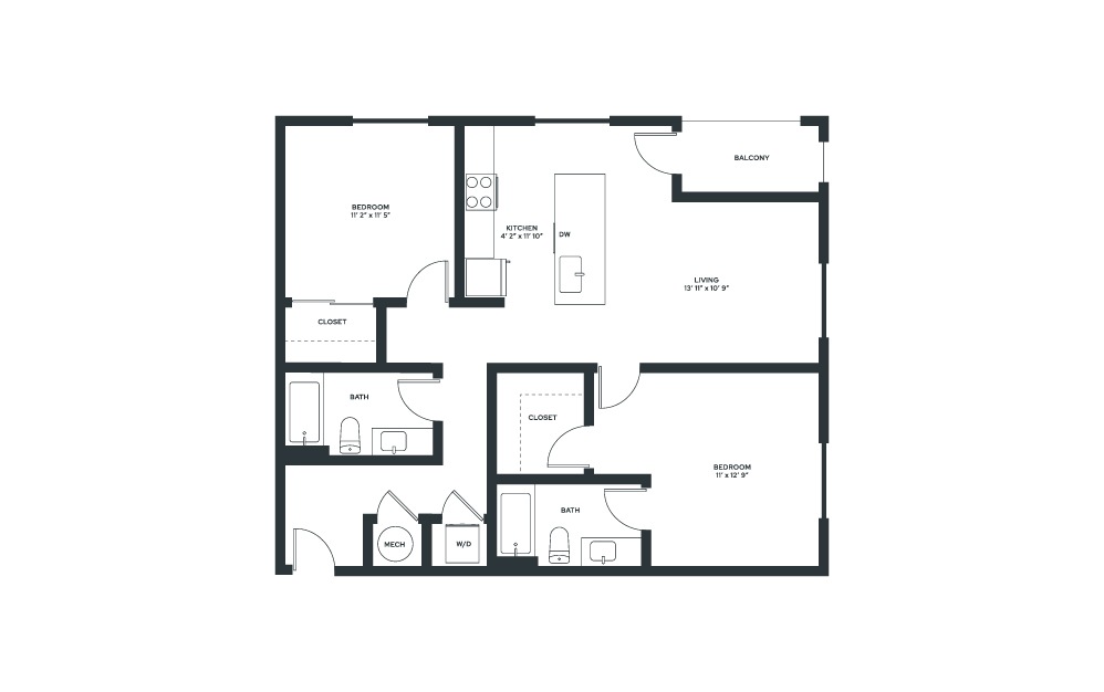 Abstract - 2 bedroom floorplan layout with 2 bathrooms and 1057 square feet