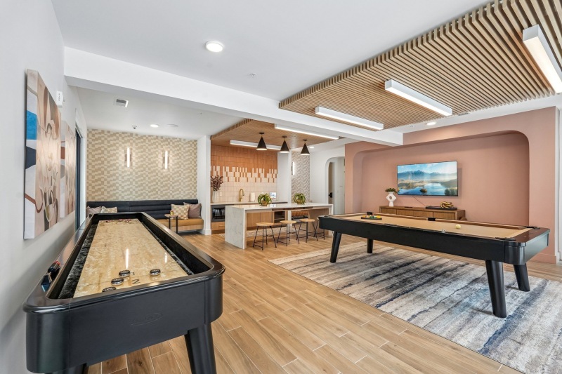 a room with a tv pool table shuffleboard table and chairs